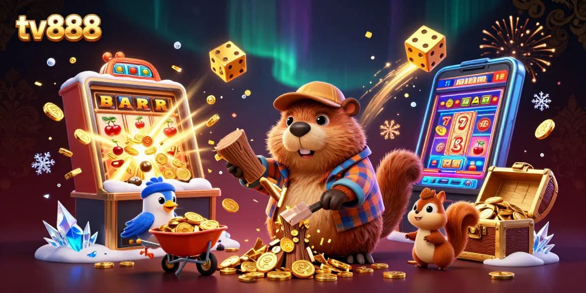 Experience excitement with tv888 in a vibrant casino scene featuring lively characters collecting golden coins.
