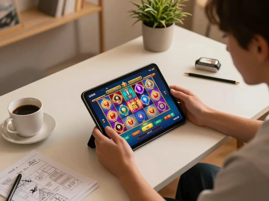 Engaging in exciting slot Thailand gameplay on a tablet at home, showcasing vibrant online gaming atmosphere.