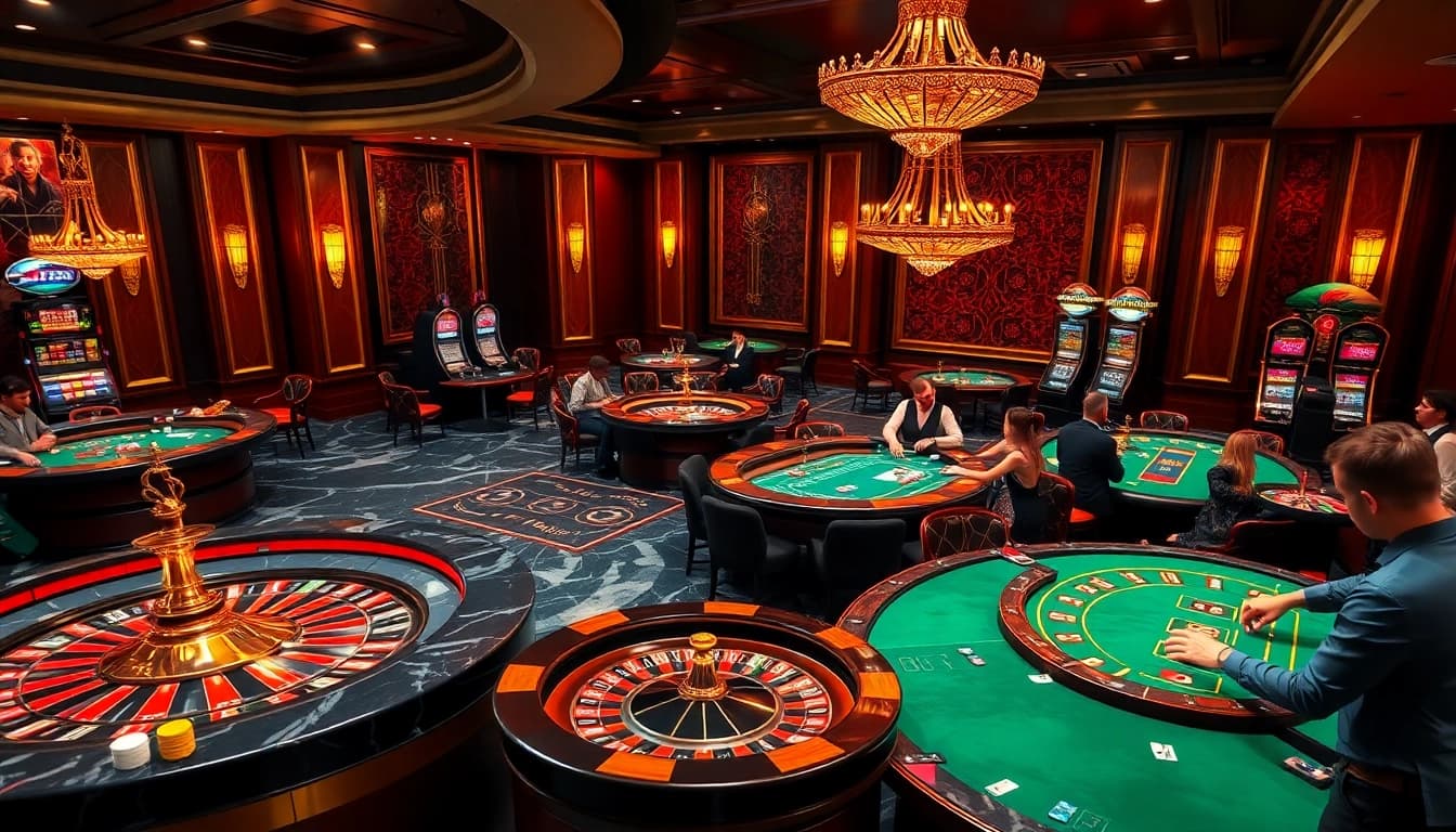 Engaged players at a luxurious casino table playing poker, inspired by https://go8.live/.
