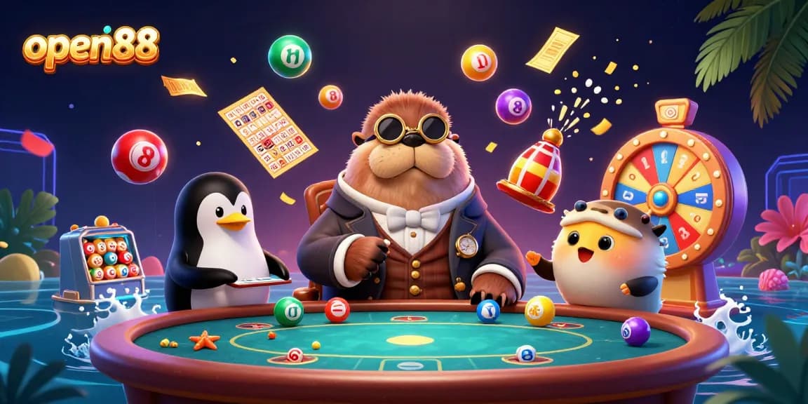 open88 players enjoying vibrant lottery fun with walrus dealer in a detailed underwater scene