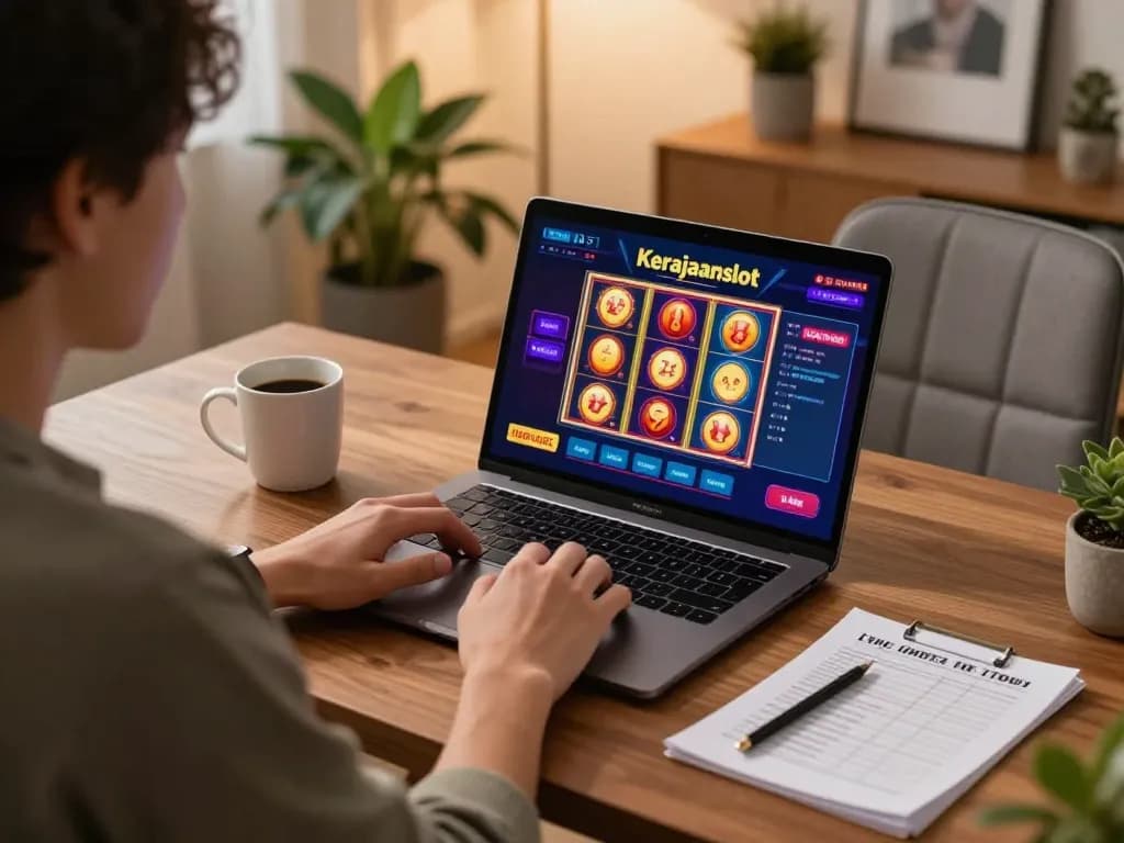 Engaging session of kerajaanslot gameplay on laptop showcasing vibrant online casino action.