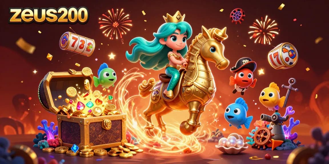Menggerakkan zeus200 dengan putri duyung 3D dan simbol slot yang berkilau di dalam bawah laut.