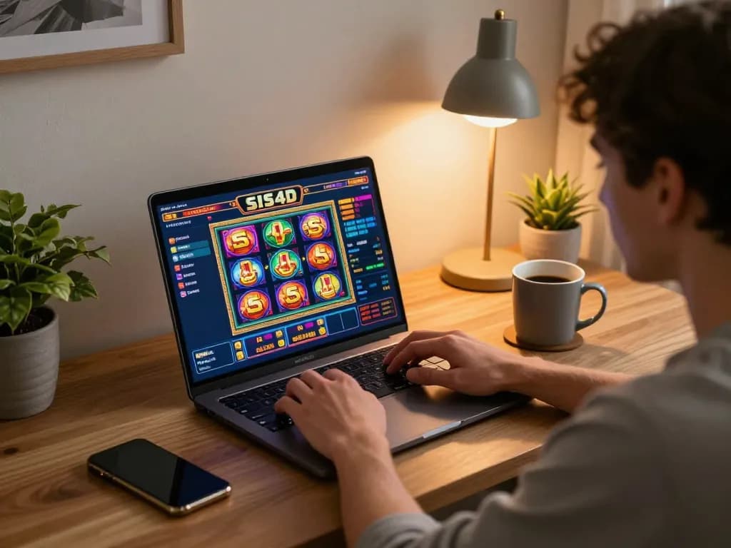Player engaging with sis4d online slots on laptop in a cozy home setting, illustrating responsible gaming