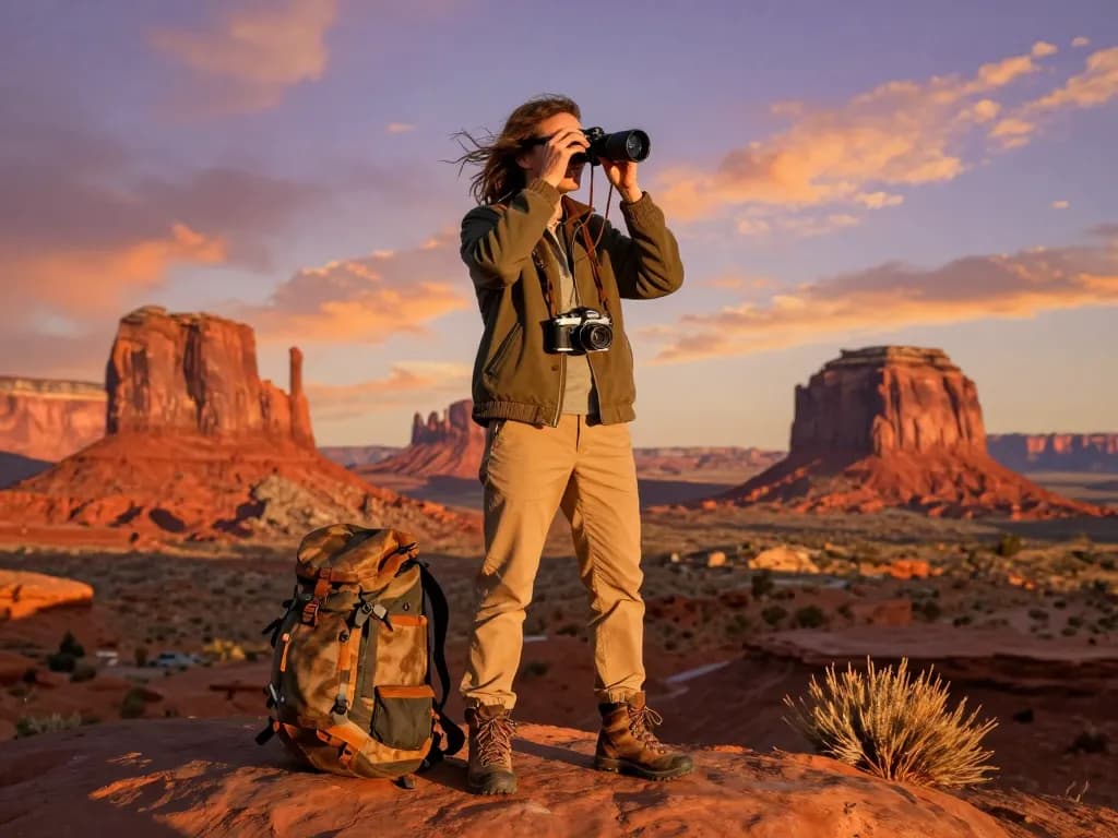 Traveler exploring scenic desert landscape with Fly88 jacket at golden hour.
