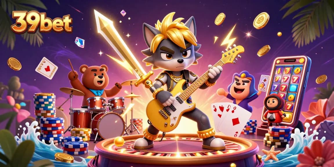 39bet offers exciting casino thrills with cartoon characters enjoying games like slots and roulette.