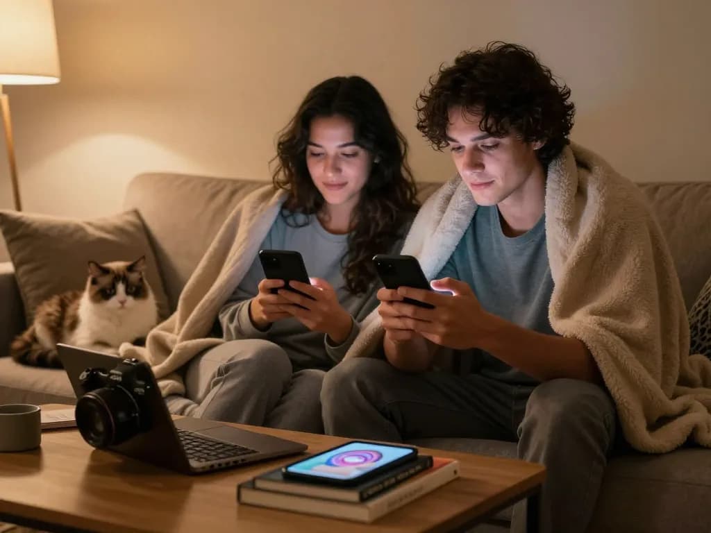 Couple enjoying ai sexting while cozying up at home.