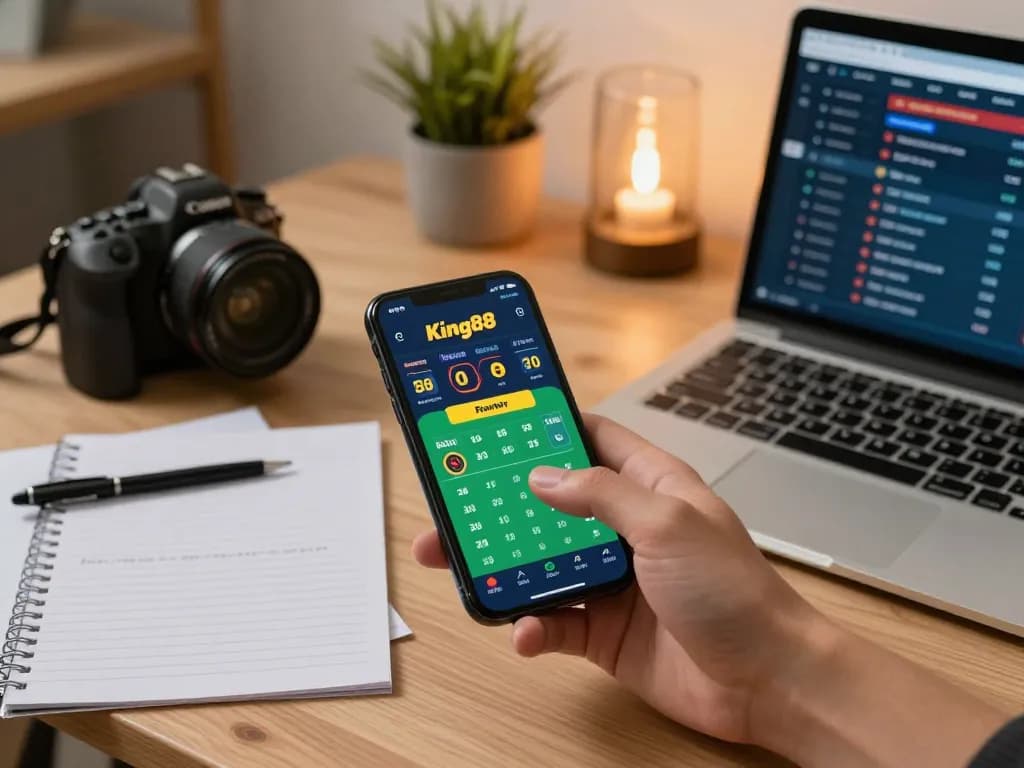Engaged user placing a bet on King88 sports betting app on smartphone in stylish home office setting.