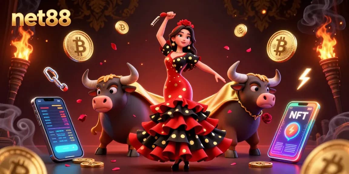 Engage in thrilling gambling adventures at net88 with vibrant characters and glowing crypto elements.