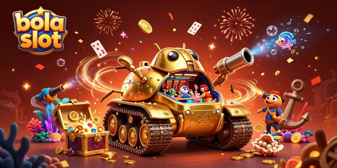 Engage with bola slot dynamics featuring a 3D animated golden beetle casino tank shooting confetti and coins.