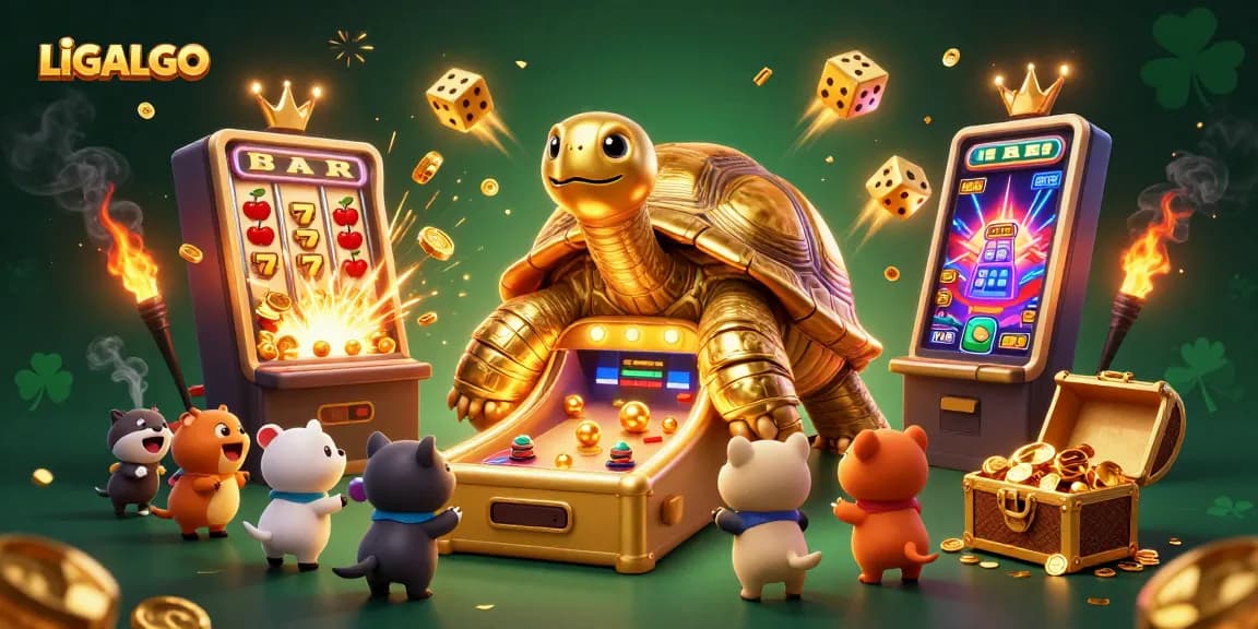 LIGALGO showcases a vibrant 3D cartoon scene with a golden tortoise pinball machine and slot winnings.