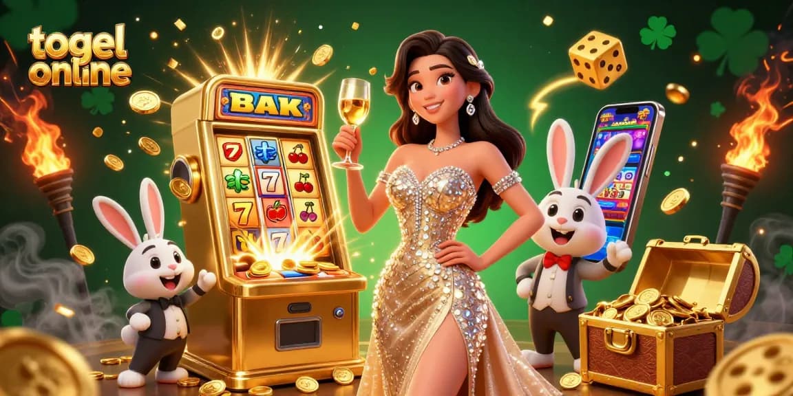 Experience the thrill of togel online with a lady toasting next to a jackpot slot machine exploding with coins.