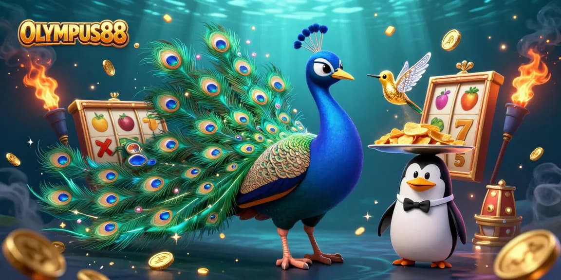 OLYMPUS88 menampilkan ilustrasi kasino dengan burung merak, penguin pelayan, dan kolibri mengelilingi simbol slot beruntung.
