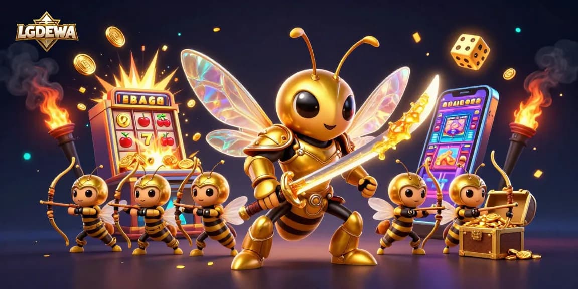 Experience thrilling slots with LGODEWA as golden hornets battle amidst shimmering jackpots and colorful casino elements