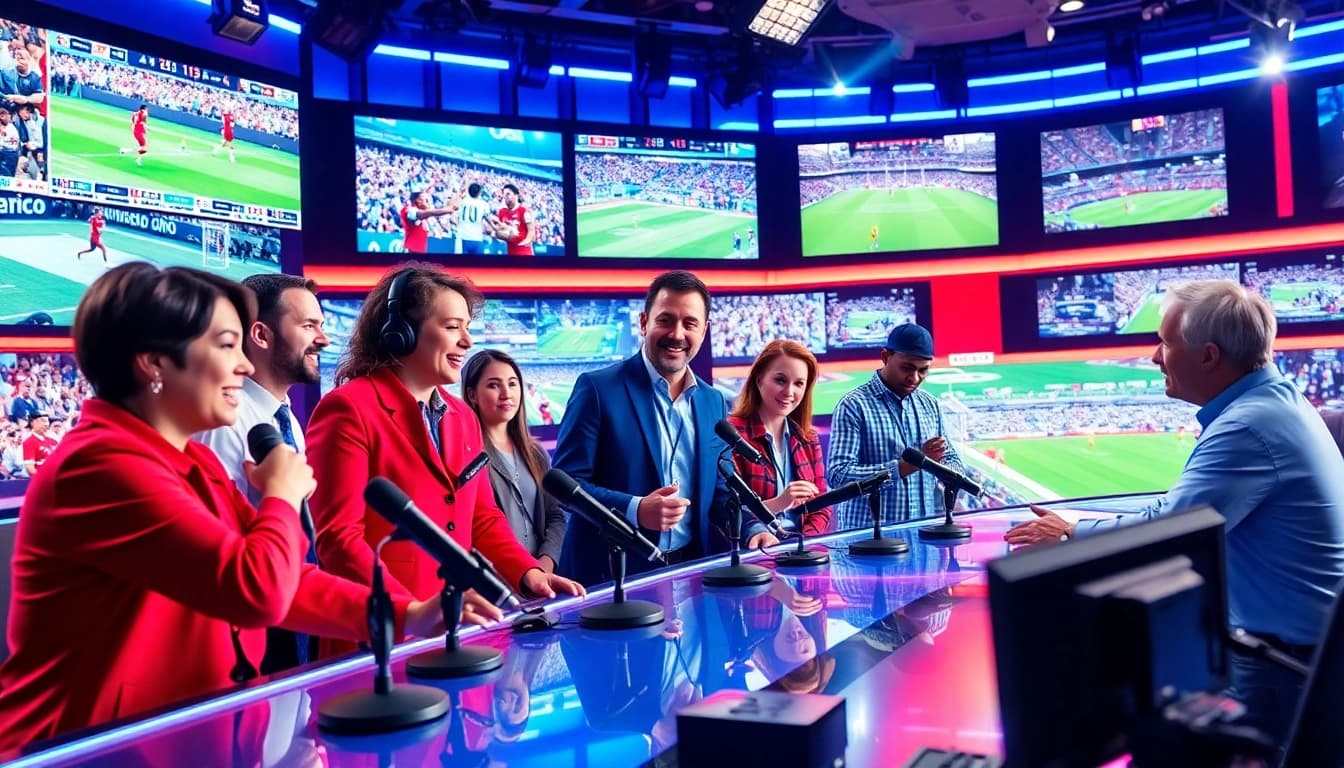 Engaging scene in sports broadcasting studio showcasing diverse broadcasters discussing live events.