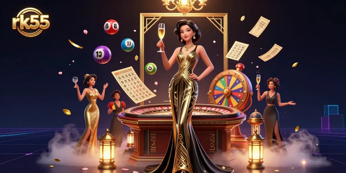 Experience the excitement of rk55 with a glamorous casino scene featuring lottery balls, roulette, and vibrant game elements.