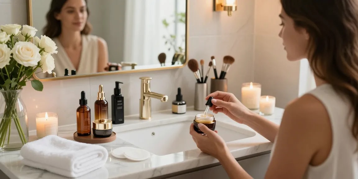Gadis merawat kulit dengan produk LUXURY12 di kamar mandi modern yang elegan.