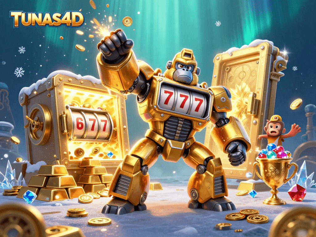 Experience the excitement of TUNAS4D with this dynamic illustration of a golden gorilla mech and rich treasure elements.
