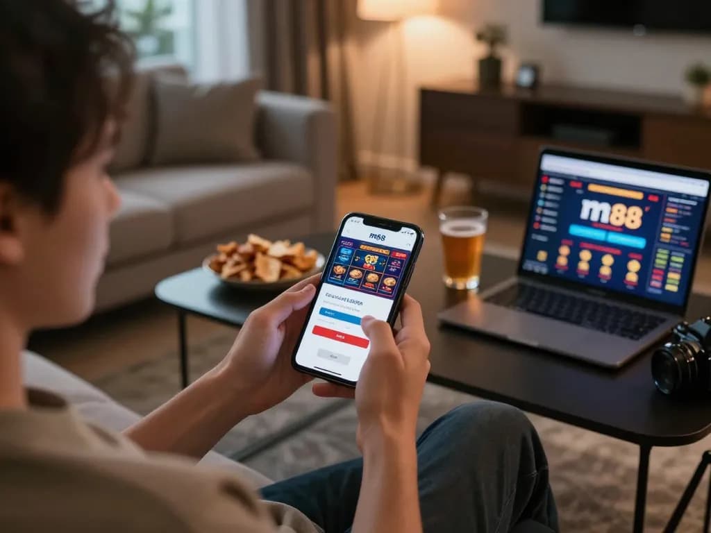 Momen menarik seorang pengguna mengakses login m88 di smartphone, menampilkan antarmuka permainan kasino online di ruang tamu yang nyaman.