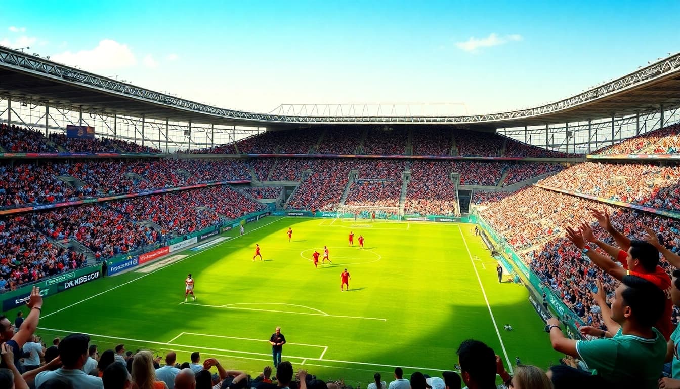 Exciting soccer action scene at a vibrant stadium, streaming live sports at https://socolive.spot/.