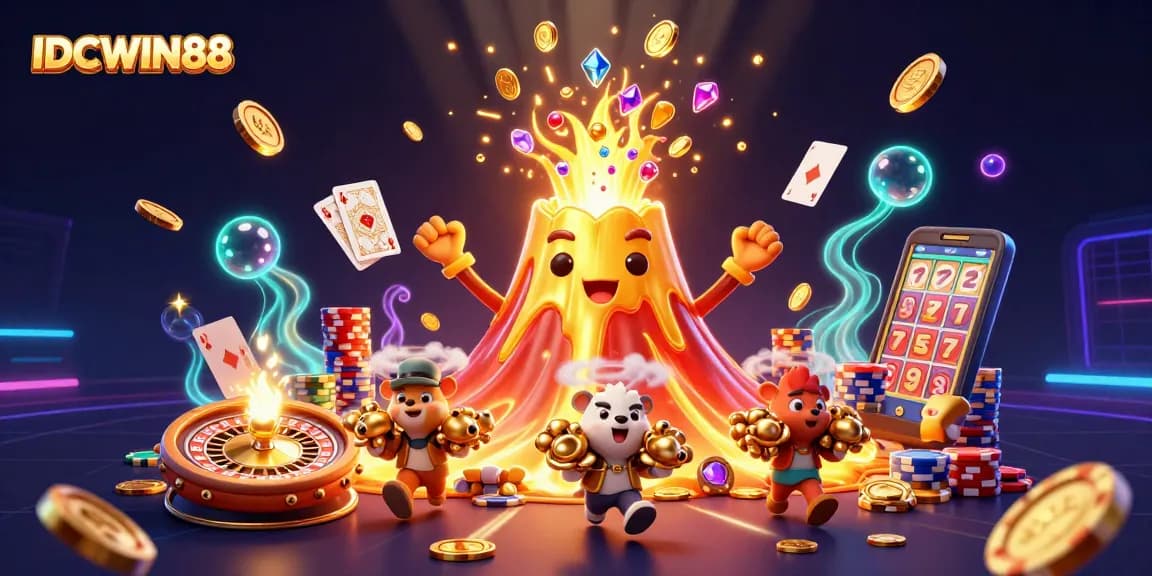 Play thrilling casino games with IDCWIN88 featuring a golden volcano and treasure-filled scene.