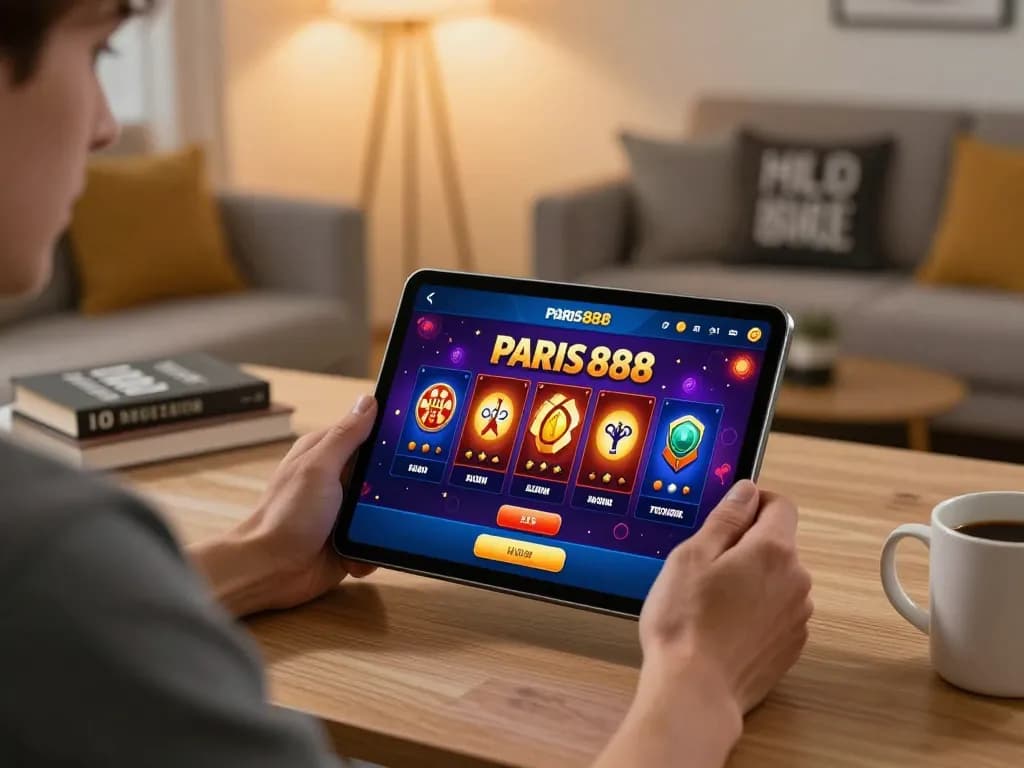 Pengalaman bermain game mobile yang menarik dengan aplikasi paris888 di tablet, menampilkan taruhan strategis.