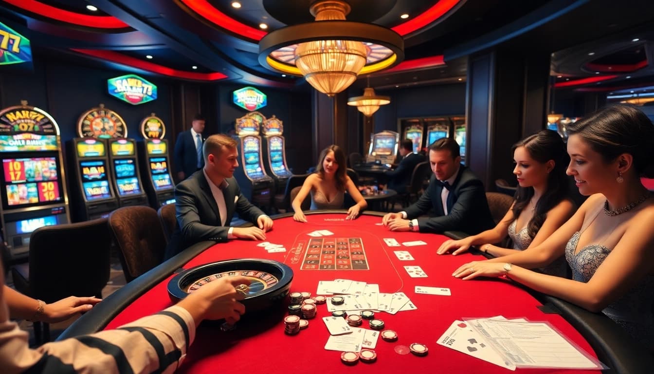 Experience the thrill of poker at NA777 with professional dealers and vibrant casino ambiance.