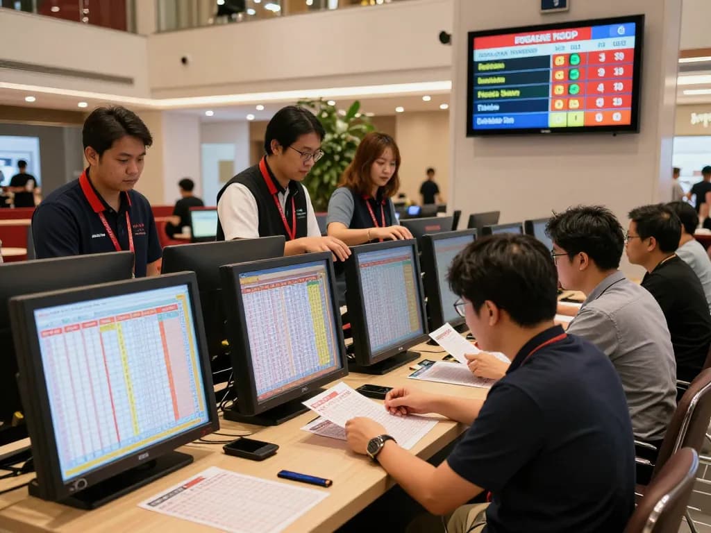 Engaged players reviewing togel sgp bets at Singapore Pools gaming booth, highlighting exciting gaming atmosphere
