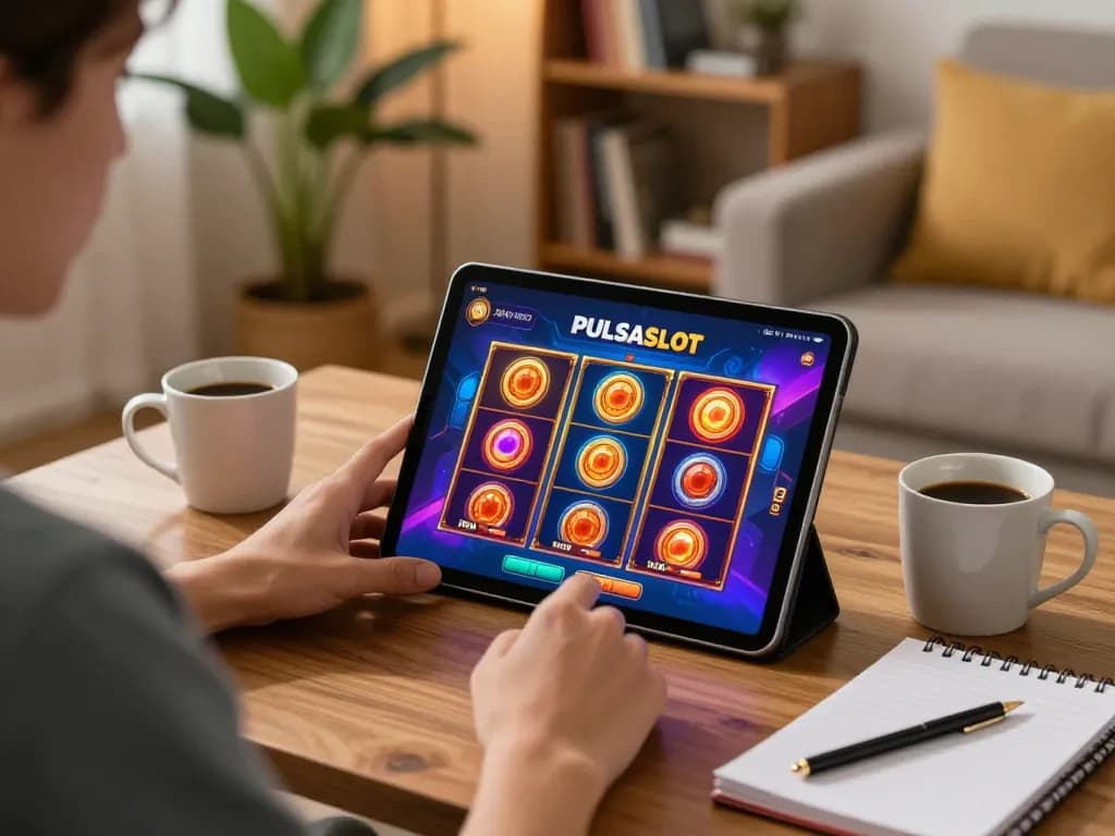 PULSASLOT player strategizing while enjoying online slot gaming on tablet at home