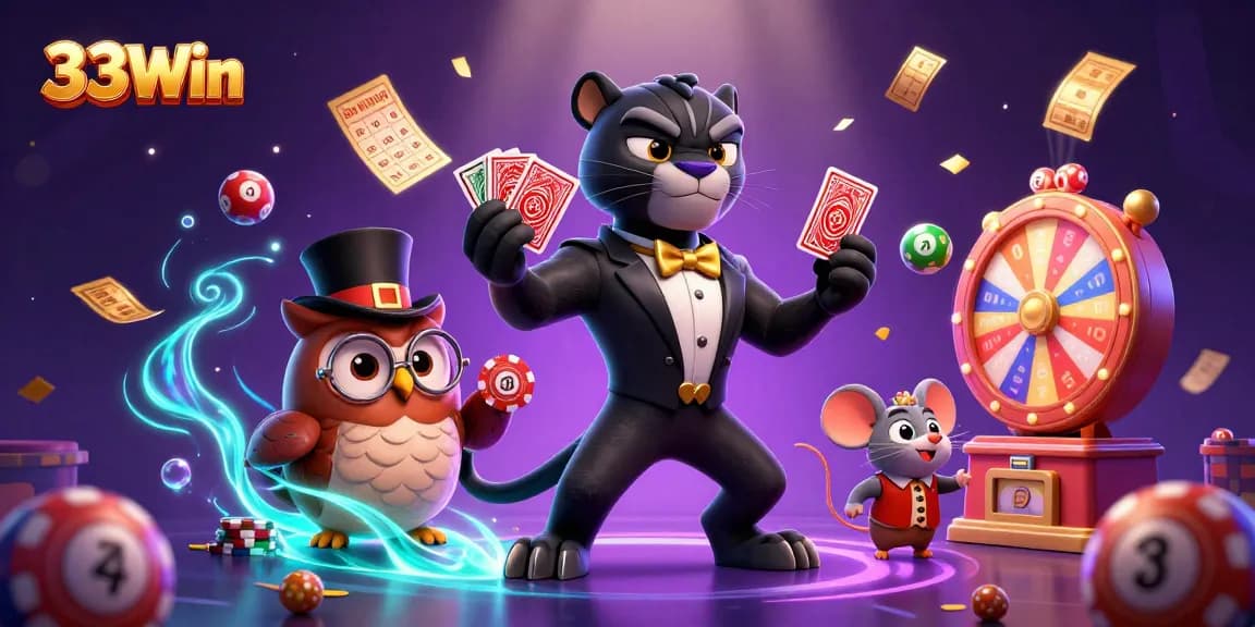 Engage with 33Win's vibrant gaming scene featuring a stylish panther dealer, lively owls, and exciting lottery themes.