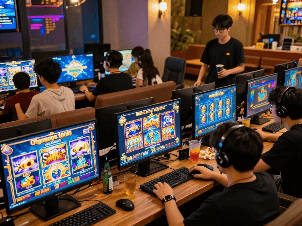 Group of players enjoying slot gacor games in a lively gaming lounge with vibrant graphics.
