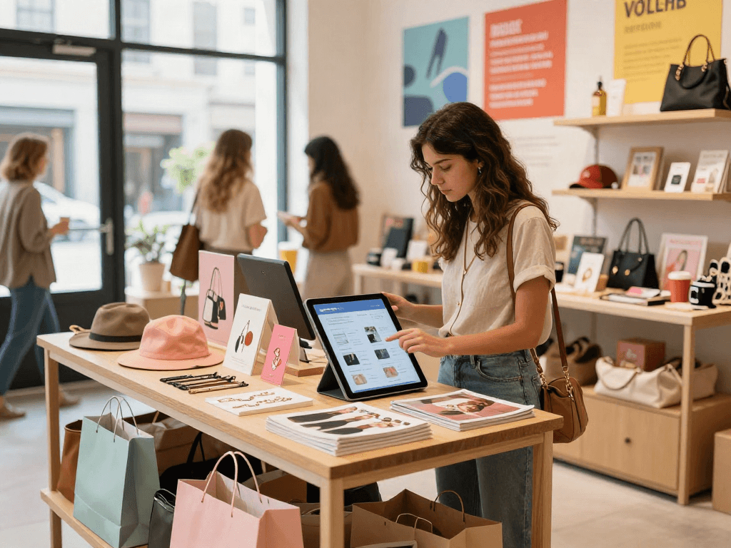 Young woman browsing trendy accessories in urban boutique focused on bro138 shopping experience.