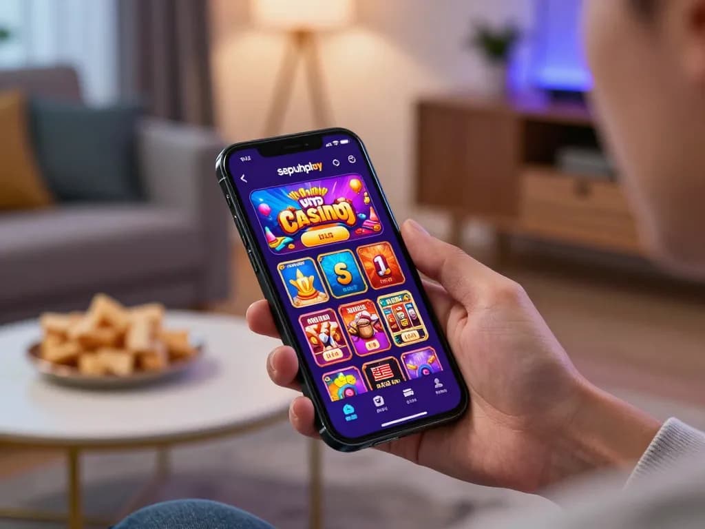 Menikmati permainan di platform permainan terbaik sepuhplay melalui smartphone, menampilkan antarmuka aplikasi kasino yang penuh warna.