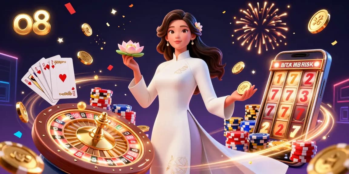 Experience the excitement of o8 with a vibrant scene featuring a graceful Asian woman in casino-style gameplay.