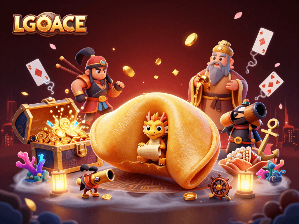 LGOACE showcases an animated, vibrant scene with a golden fortune cookie amidst casino elements.