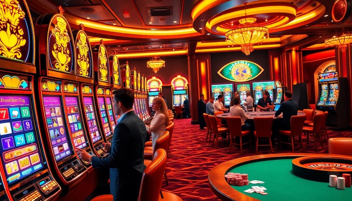 Vibrant scene of players at slot gacor machines in a luxurious casino, capturing excitement and professionalism.