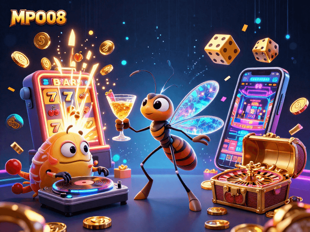 MPO08 engages players with an interactive scene of a vibrant casino atmosphere showcasing games and excitement.