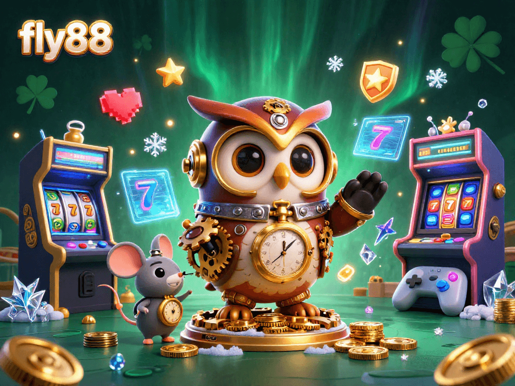 Engage with the excitement of fly88's casino landscape featuring a time-traveling owl and vibrant game elements.