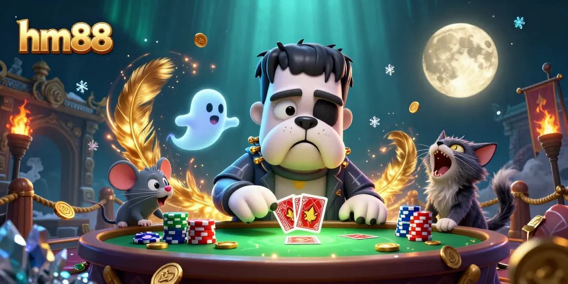Experience thrilling gaming action at hm88 with a 3D cartoon Frankenstein bulldog at a vibrant casino table