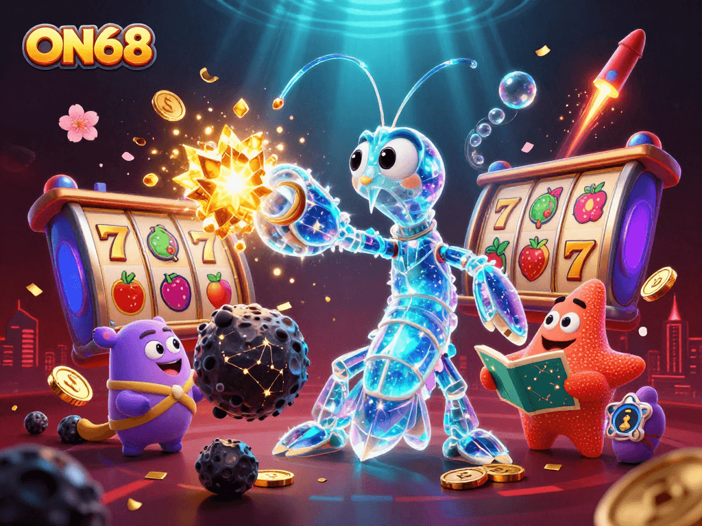 Engage in the ON68 gaming experience with vibrant characters and dynamic casino elements.