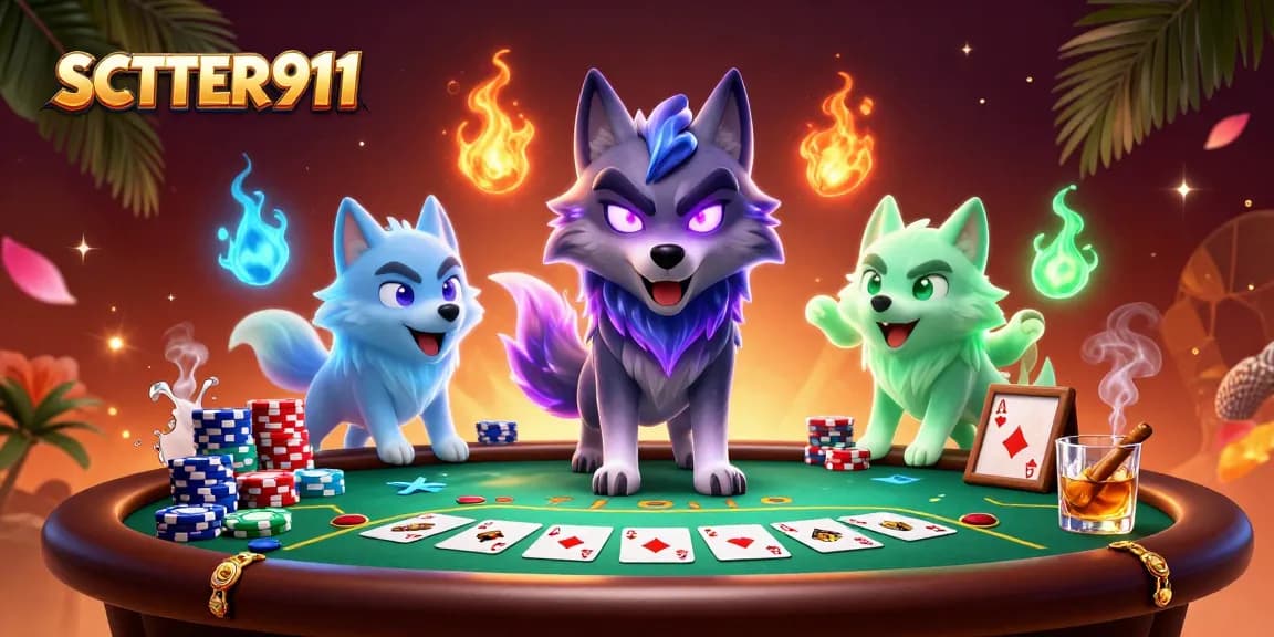 Engage with SCATTER911 in a vibrant 3D casino scene featuring poker elements and a mystical wolf pack.