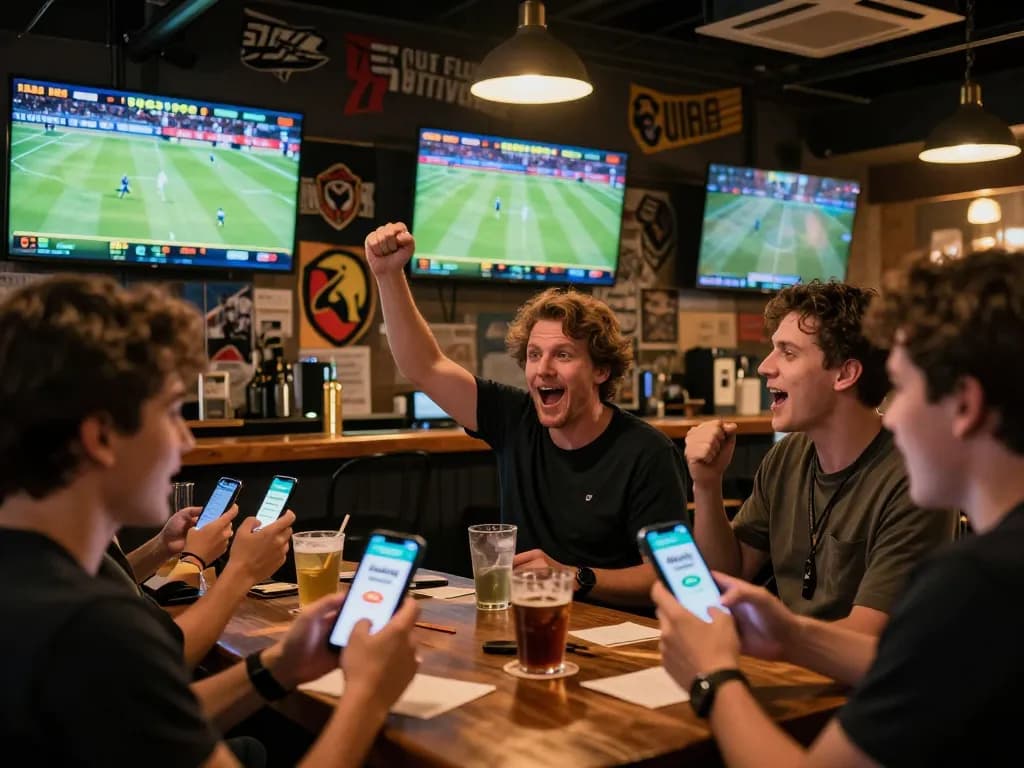 Excited fans placing bets with the uu88 bet app during live sports events in a vibrant bar setting.