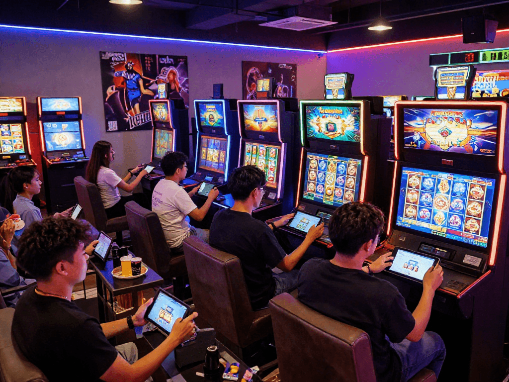 Players enjoying the latest games at situs slot gacor in a vibrant gaming lounge