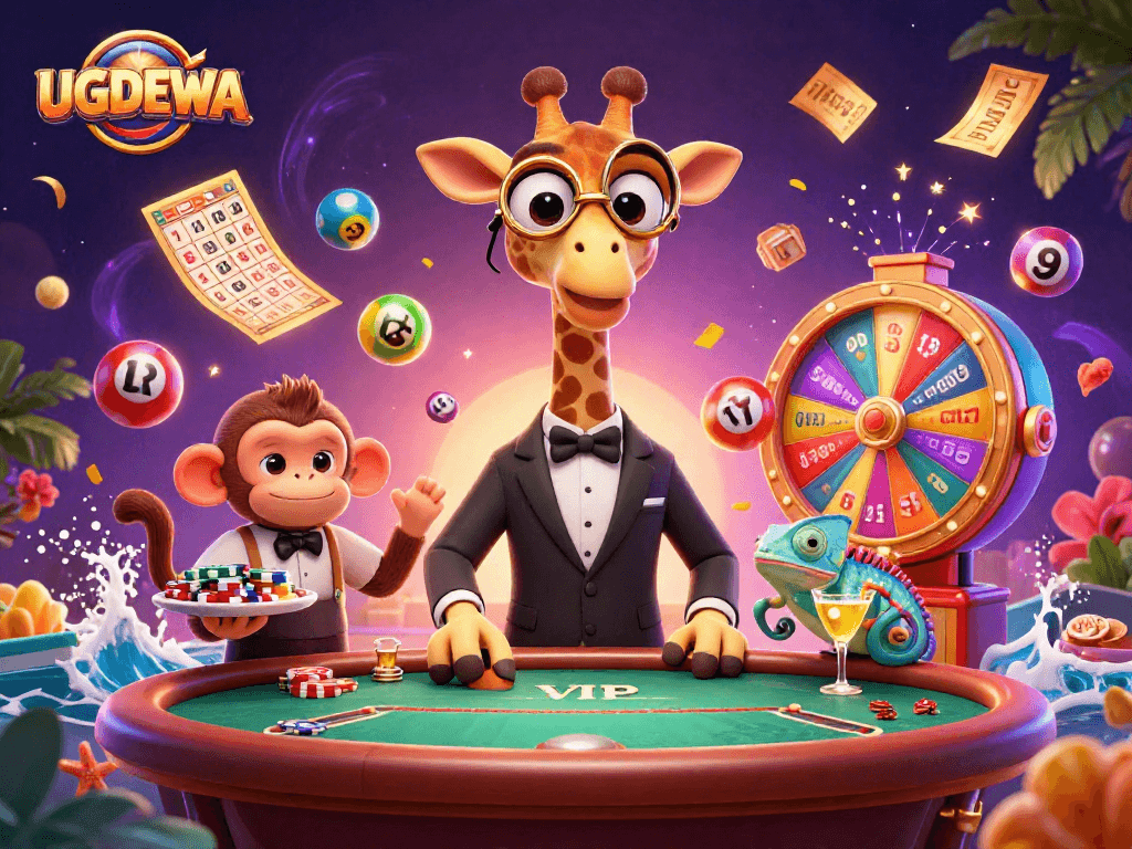 Experience winning at UGDEWA with vibrant lottery and casino elements in a lively 3D illustration.