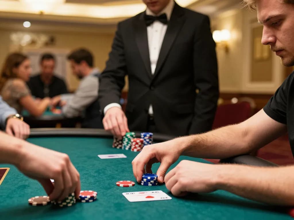 VA88 player placing chips in a poker game, showcasing a strategic move in a luxurious casino setting.