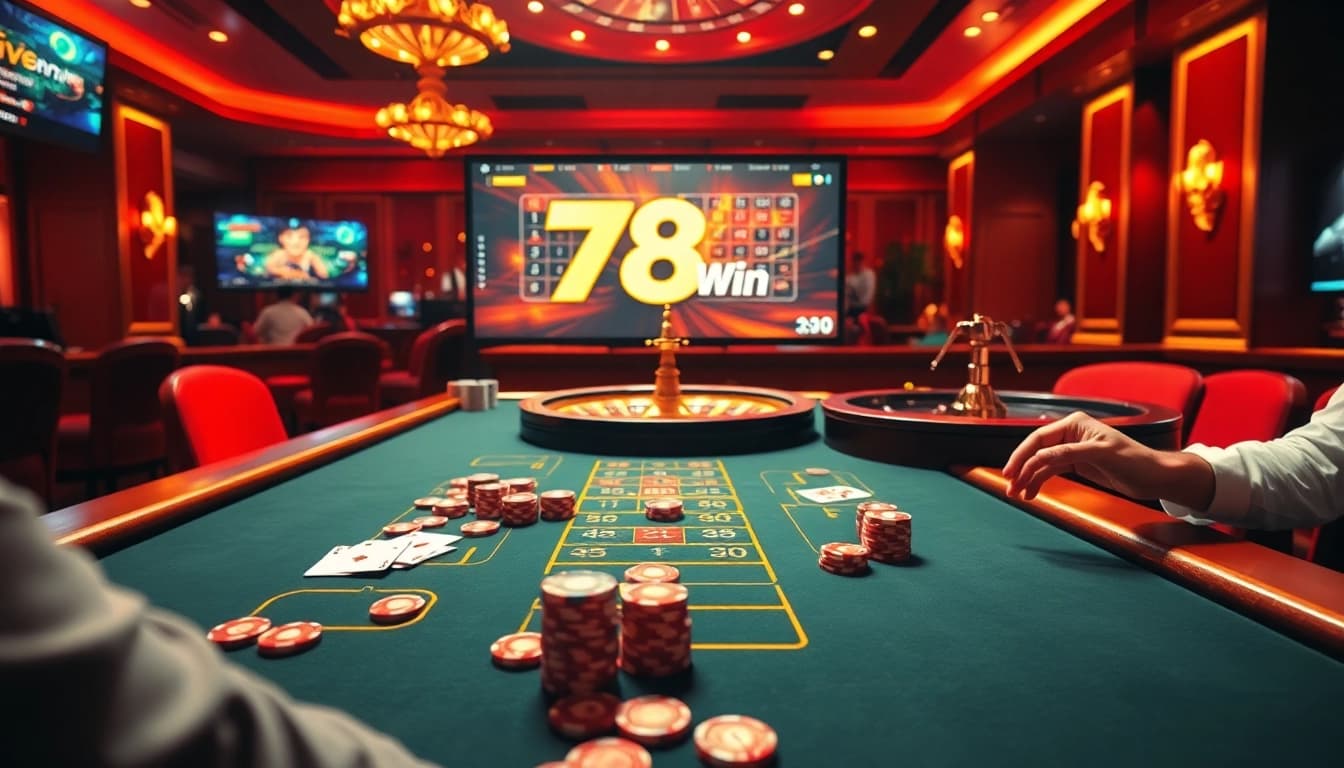 Exciting scene at 78Win casino with players at a poker table and spinning roulette wheel.