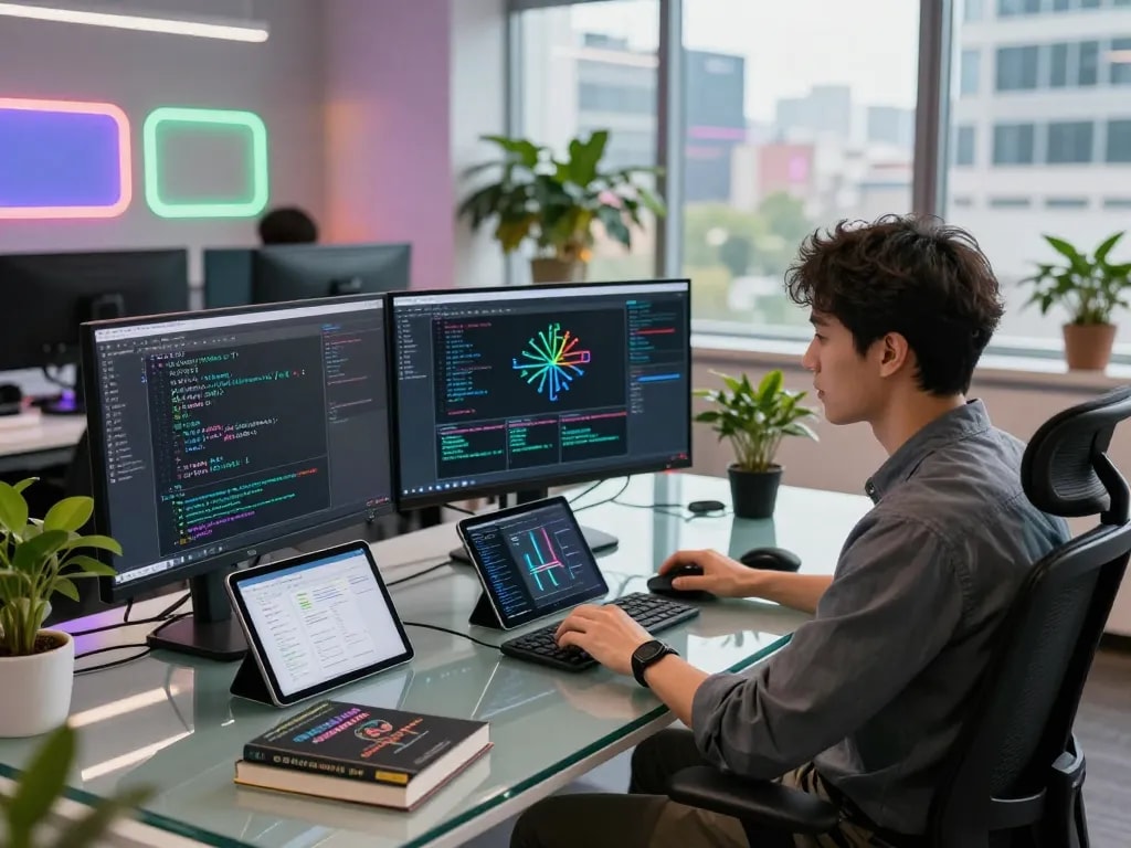 Developer coding on AI project in a modern workspace with crush ai integrations