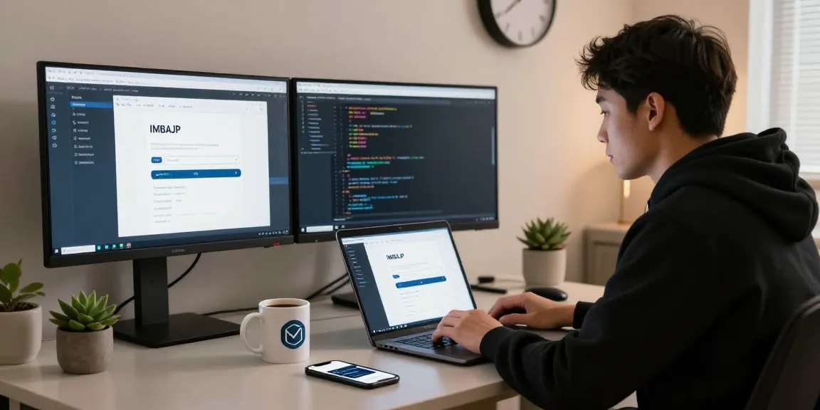 Gambar lingkungan kerja modern dengan akses IMBAJP LOGIN, pengembang mengerjakan kode di laptop.