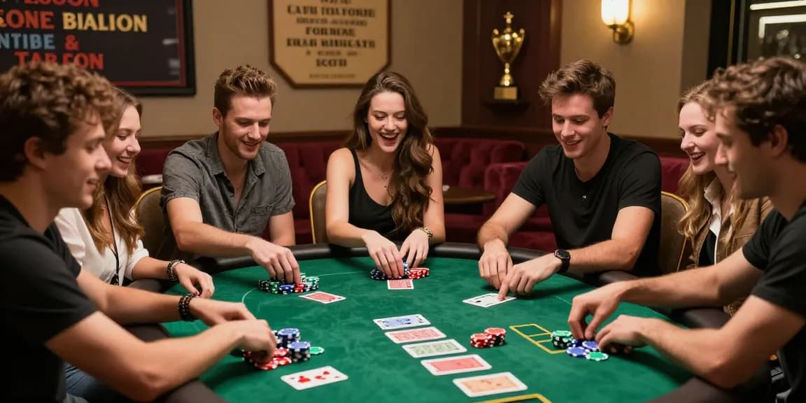 Suasana bermain rajatogel di meja poker, teman-teman sedang berdiskusi strategi dan bersenang-senang.