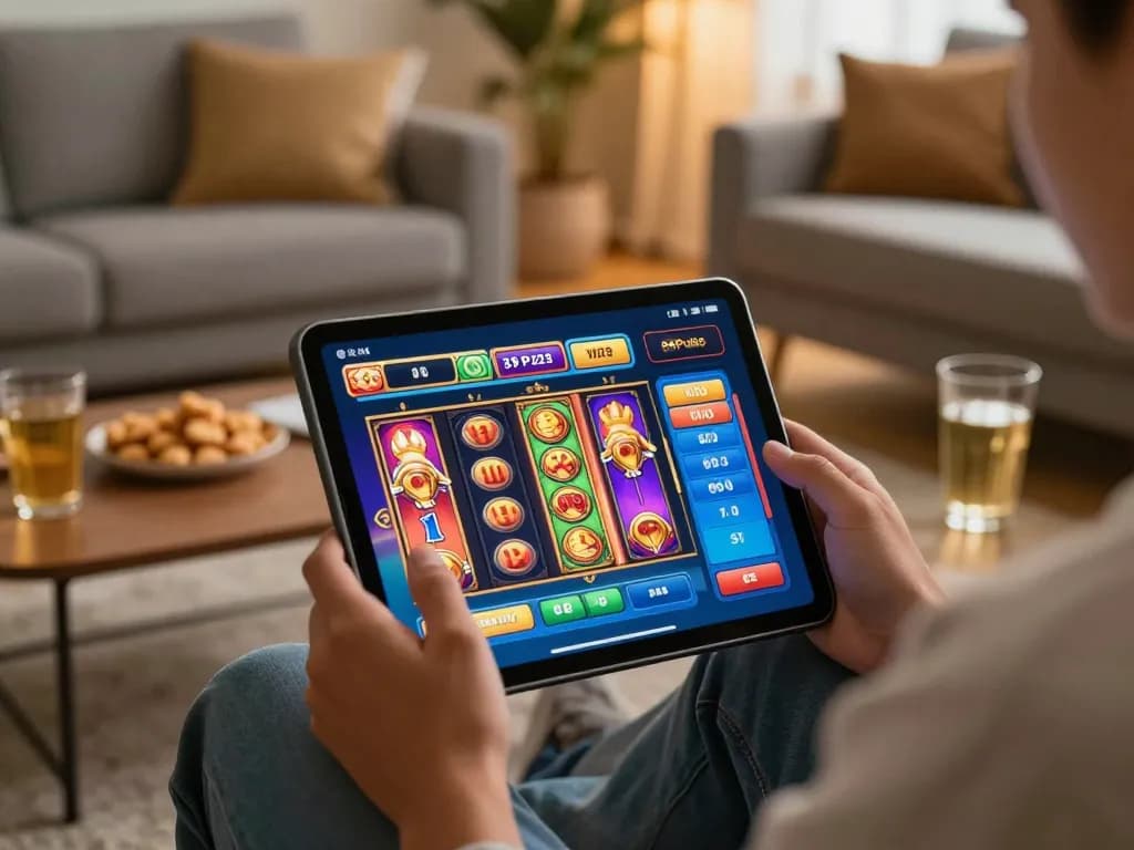 88Pulsa online slot gameplay on a tablet in a cozy living room, showcasing vibrant reels and immersive experience