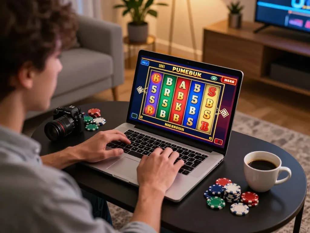 Kenzobet player enjoying an exciting online slot game session at home with vibrant visuals.